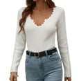 thumbnail image 1 of Besolor Women's Fall Ribbed Knit Tops Ruffled V Neck Solid Color Basic Shirt Slim Fitted Casual Stretch Going out Tees, 1 of 8