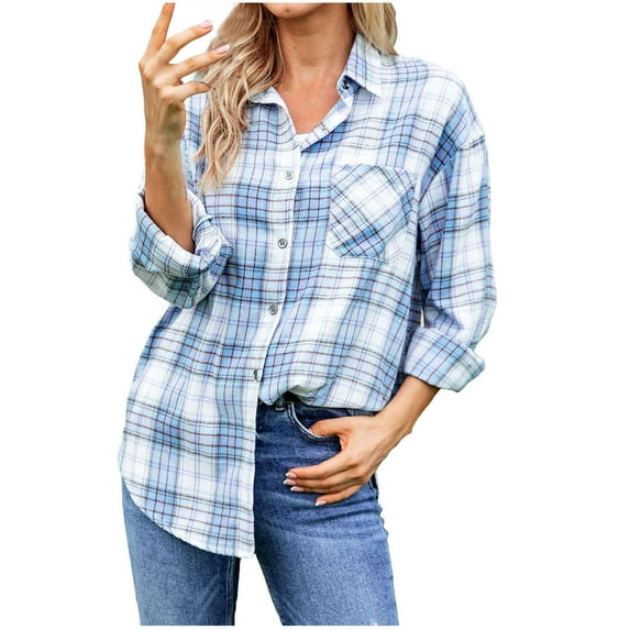 Besolor Women's Fall Spring Plaid Shirt Jackets Lapel Long Sleeve Button down Tops Casual Loose Tops Blouse with Pocket