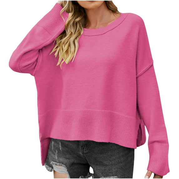 Besolor Women's Fall Spring Sweaters Casual Soft Crew Neck Long Sleeve Side Slit Knit Pullover Jumper Tops