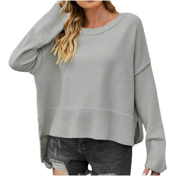 Besolor Women's Fall Spring Sweaters Casual Soft Crew Neck Long Sleeve Side Slit Knit Pullover Jumper Tops