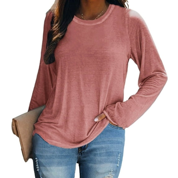 Besolor Women's Fall Spring Tunic Tops Crew Neck Long Sleeve Basic Blouses Solid Color Casual Plus Size Ladies T-Shirts