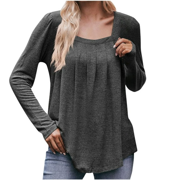 Besolor Women's Fall Spring Tunic Tops Crewneck Pleated Long Sleeve T-Shirt Casual Loose Ladies Going out Blouse