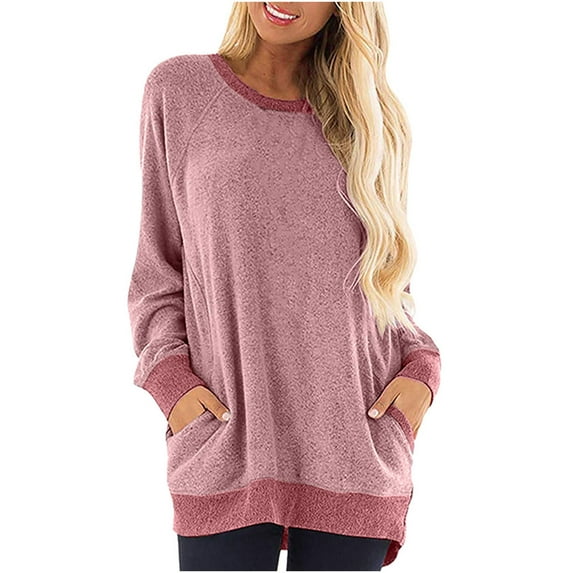 Besolor Women's Fall Tops Trendy Crewneck Long Sleeve Pullover Blouses Casual Loose Fit Tunic Shirts with Pockets