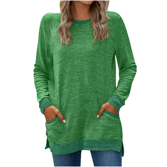 Besolor Women's Fall Tops Trendy Crewneck Long Sleeve Pullover Blouses Casual Loose Fit Tunic Shirts with Pockets
