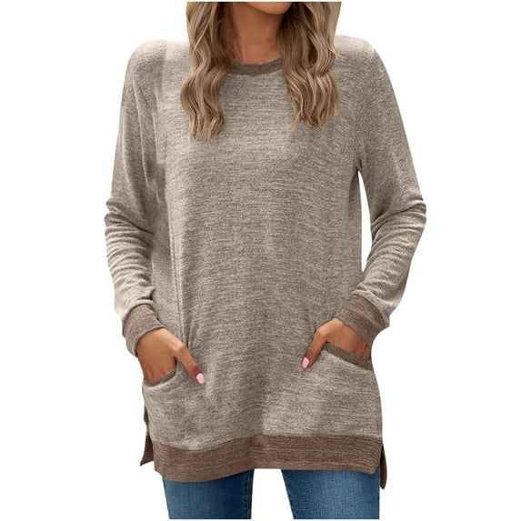Besolor Women's Fall Tops Trendy Crewneck Long Sleeve Pullover Blouses Casual Loose Fit Tunic Shirts with Pockets