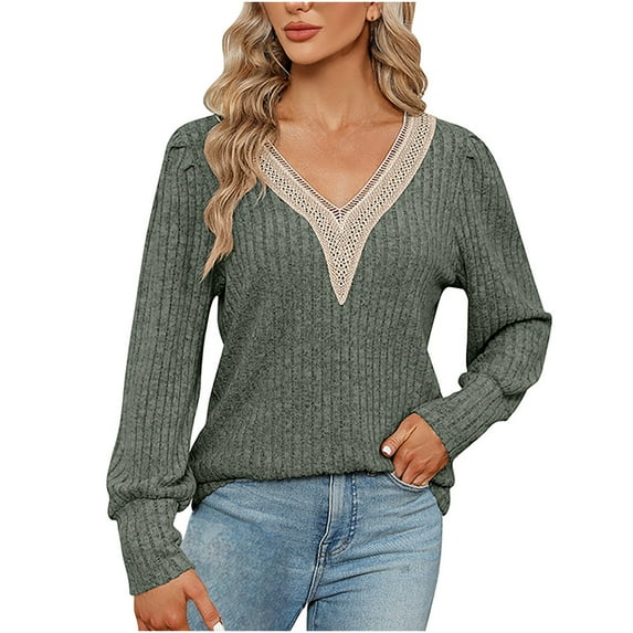 Besolor Women's Fall Trendy Tunic Tops V Neck Lace Trim Long Sleeve T Shirt Casual Pullover Dressy Blouse Sweaters
