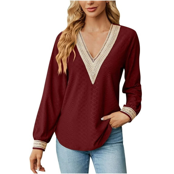 Besolor Women's Fall Tunic Tops Trendy Lace V Neck Long Sleeve Eyelet Shirts Casual Loose Fit Ladies Dressy Blouses Tee
