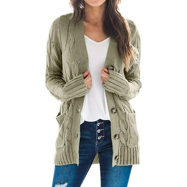 Besolor Women's Fall Winter Cardigans Button down Open Front Sweater Coats Long Sleeve Cable Knit Outerwear with Pockets