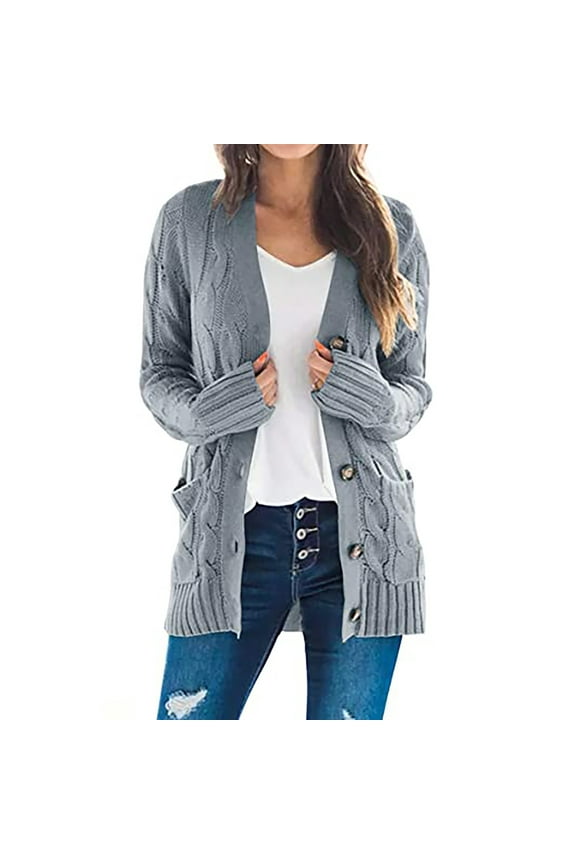 Women's Fall Winter Cardigans Button down Open Front Sweater Coats Long Sleeve Cable Knit Outerwear with Pockets