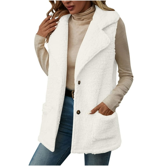 Besolor Women's Fleece Fuzzy Jackets Vest Lapel Sleeveless Button Warm Winter Coats Outerwear with Pockets