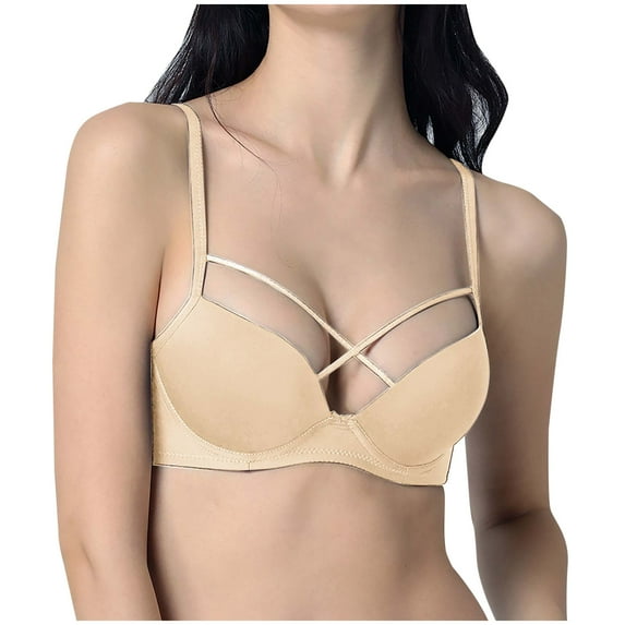 Besolor Women's Front Criss-Cross Bralette Seamless Lift Bra Lightly Lined Wireless Comfort Everyday Tshirts Bra Beige