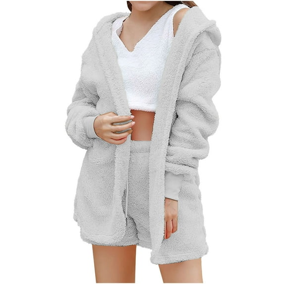 Besolor Women's Fuzzy Fleece 3 Piece Sets Pajamas Outfits Warm Hooded Cardigan Jacket Coat and Crop Top Shorts Set Sleepwear