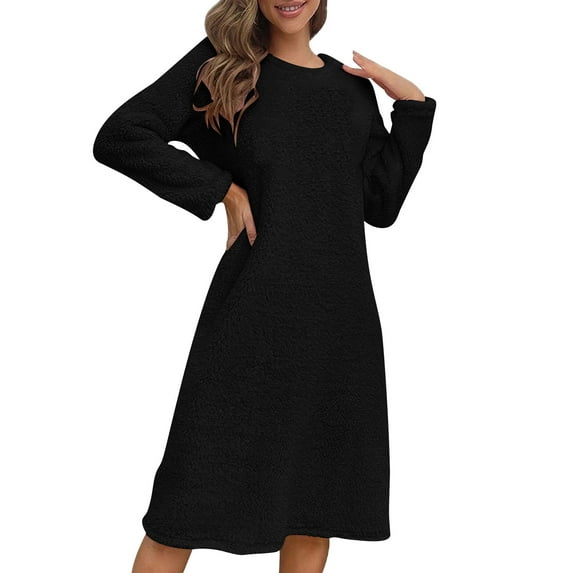Besolor Women's Fuzzy Fleece Nightgown Pajama Dress Crewneck Cozy Plush Warm Winter Pullover Nightdress