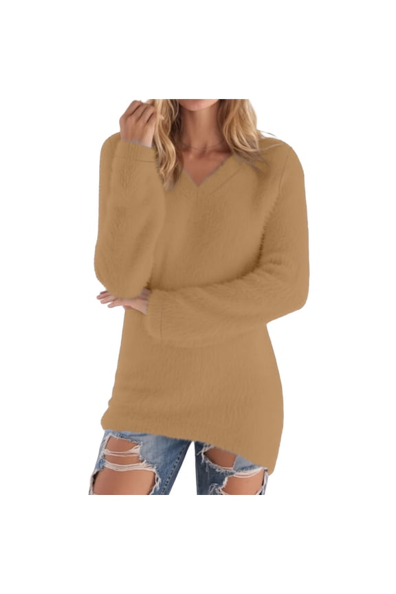 Women's Fuzzy Fleece Tops Cozy Plush V Neck Long Sleeve Warm Winter Plus Size Casual Blouse Shirts