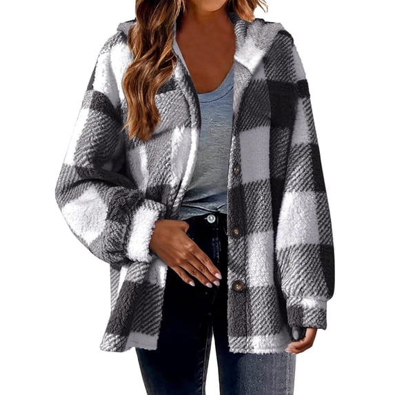 Besolor Women's Fuzzy Plaid Jacket Fall Winter Long Sleeve Button down Fleece Warm Hooded Coats Plus Size Outwear