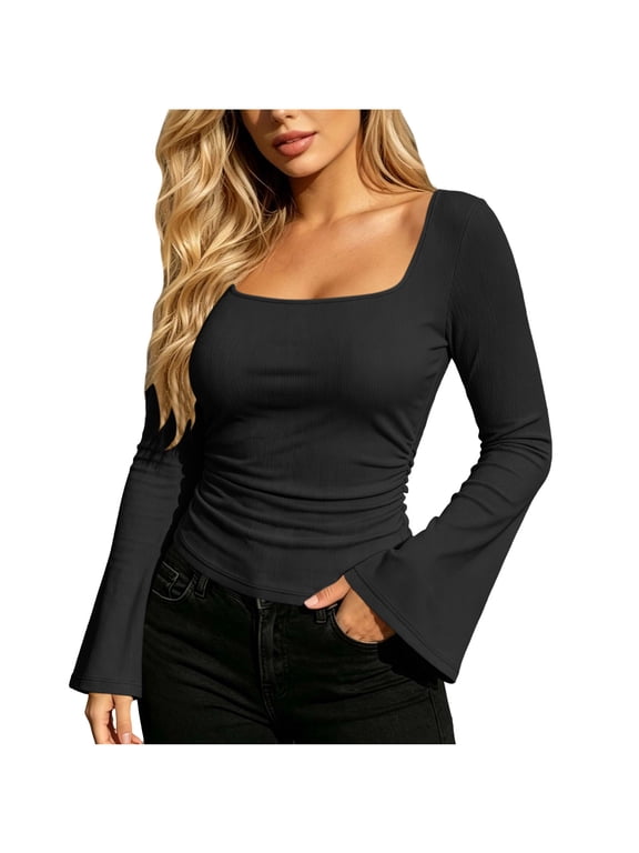 Women's Going out Tops Square Neck Ruffle Flare Long Sleeve Top Ribbed Stretch Slim Comfy Base Layer Shirts(Small,Black)