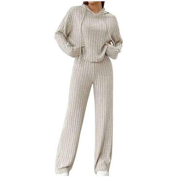 Besolor Women's Knit 2 Piece Outfits Long Sleeve Pullover Hooded Sweater Tops and Wide Leg Pants Tracksuits Loungewear Sets