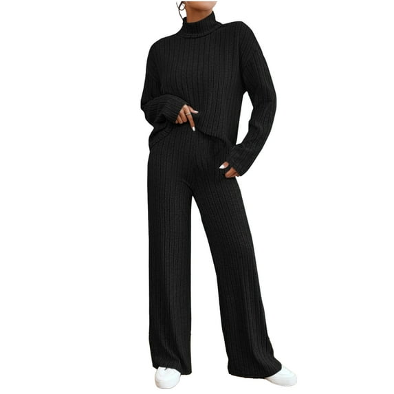 Besolor Women's Knit 2 Piece Outfits Turtleneck Long Sleeve Pullover Sweater Tops and Wide Leg Pants Loungewear Sets Tracksuits