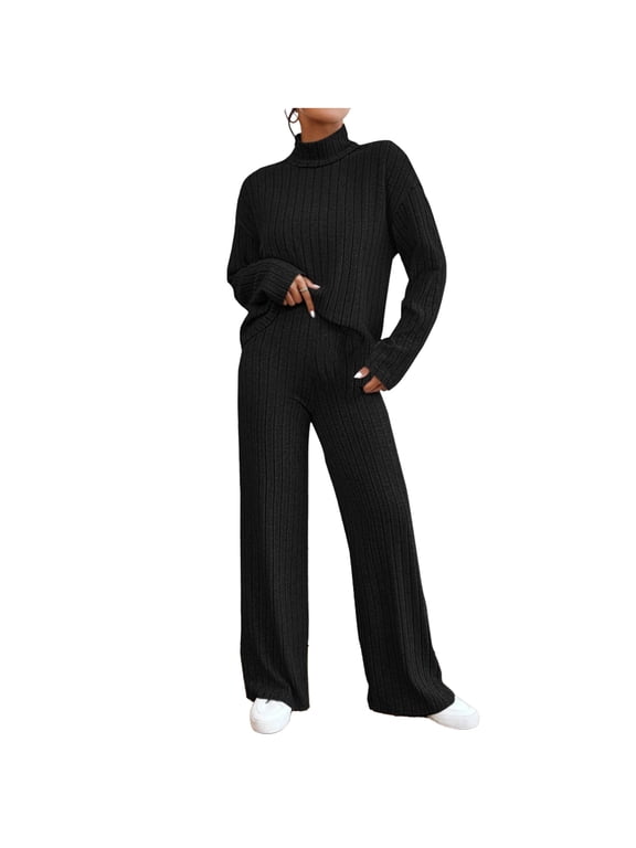 Women's Knit 2 Piece Outfits Turtleneck Long Sleeve Pullover Sweater Tops and Wide Leg Pants Loungewear Sets Tracksuits