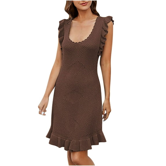 Besolor Women's Knitted Sweater Dress Sleeveless U-Neck Ruffle Summer Beach Vacation Mini Dresses