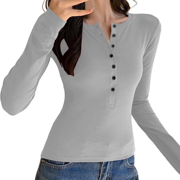 Besolor Women's Long Sleeve Shirt Crew Neck Button down Slim Fitted Basic Tee Solid Color Casual Going out Top