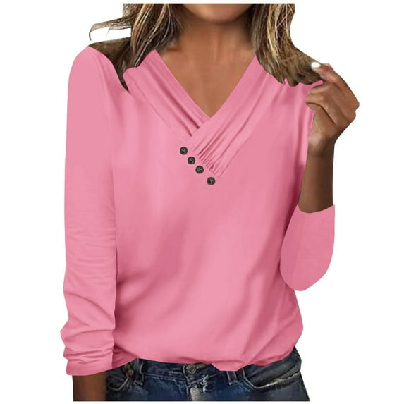 Besolor Women's Long Sleeve Shirts Trendy Button V Neck Solid Color Basic Blouse Casual Loose Spring Fall Tunic Tops