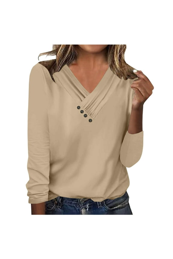 Women's Long Sleeve Shirts Trendy Button V Neck Solid Color Basic Blouse Casual Loose Spring Fall Tunic Tops
