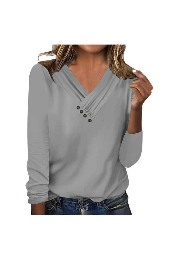 Women's Long Sleeve Shirts Trendy Button V Neck Solid Color Basic Blouse Casual Loose Spring Fall Tunic Tops