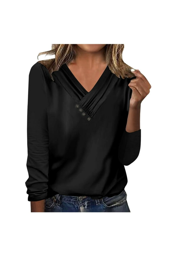Women's Long Sleeve Shirts Trendy Button V Neck Solid Color Basic Blouse Casual Loose Spring Fall Tunic Tops