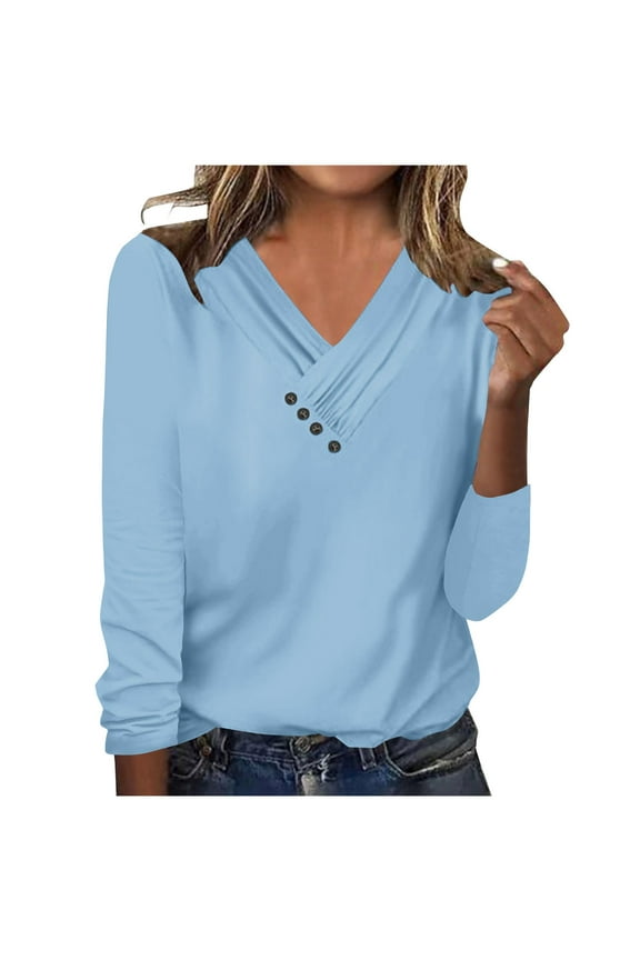 Women's Long Sleeve Shirts Trendy Button V Neck Solid Color Basic Blouse Casual Loose Spring Fall Tunic Tops