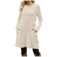 thumbnail image 1 of Besolor Women's Long Sleeve Sweater Dress Casual Round Neck Side Button Fall Mini Tunic Dresses with Pockets, 1 of 5