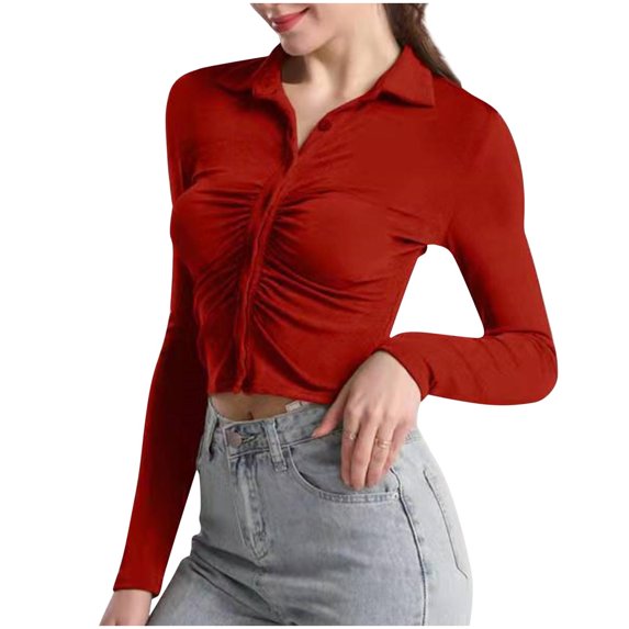 Besolor Women's Long Sleeve Tops 2024 Trendy Collared Button down Ruched Casual Slim Fit Fall Blouse Girls Tee Shirts
