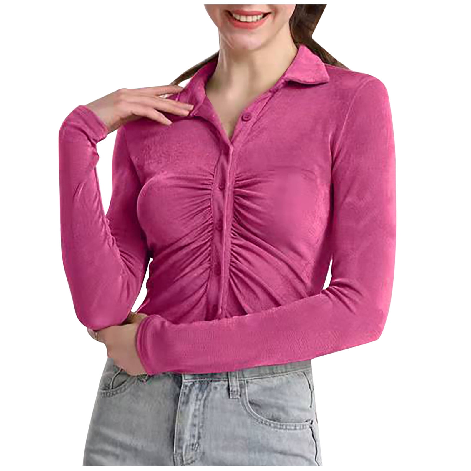 Besolor Women's Long Sleeve Tops 2024 Trendy Collared Button down