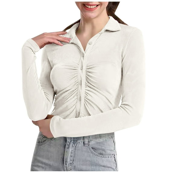 Besolor Women's Long Sleeve Tops Trendy Collared Button down Ruched Casual Slim Fit Fall Blouse Girls Tee Shirts
