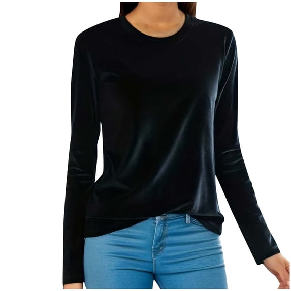 Besolor Women's Long Sleeve Velvet Shirt Solid Color Crewneck Velour Blouse Casual Going out Plus Size Tops Tee