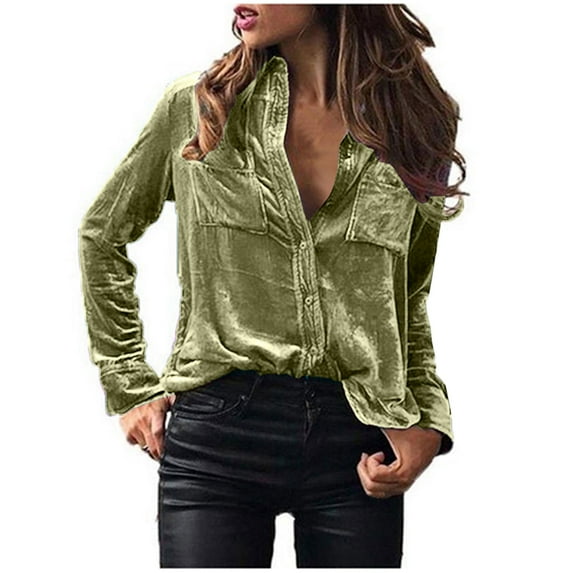Besolor Women's Long Sleeve Velvet Shirt Solid Color Elegant Button down Basic Blouse Going out Work Tops with Pockets