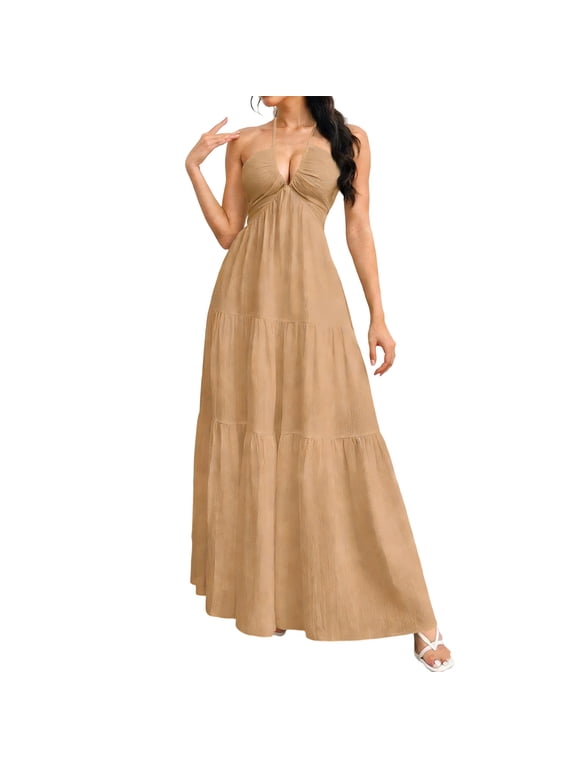 Women's Maxi Dresses Summer Halter Deep V Neck Knot Backless Cami Dress A-Lined Boho Flowy Ruffle Dress Beach Vacation Sundresses