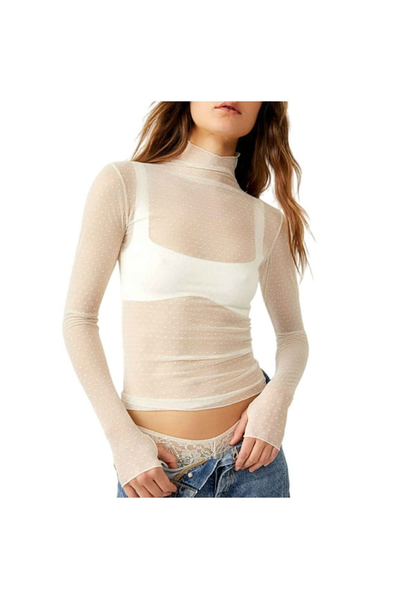 Women's Mesh Long Sleeve Tops Mock Neck Sheer Blouse Floral Lace Layering Tops See Throughs Tee Shirt