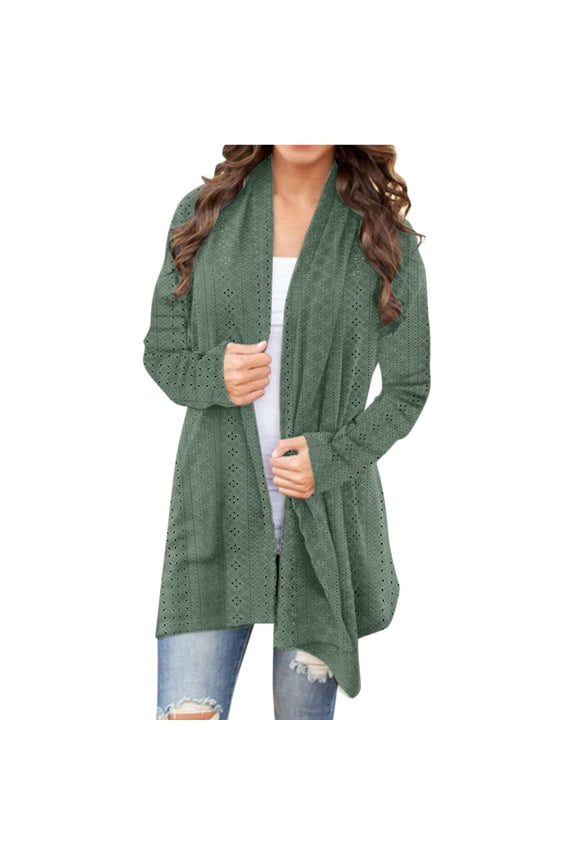 Women's Open Front Cardigan Sweaters Fall Eyelet Long Sleeve Draped Ruffle Cardigans Soft Lightweight Coverups
