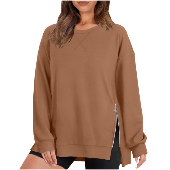 Besolor Women's Oversized Fall Sweatshirt Casual Crew Neck Long Sleeve Side Slit Zipper Pullover Blouse Tops