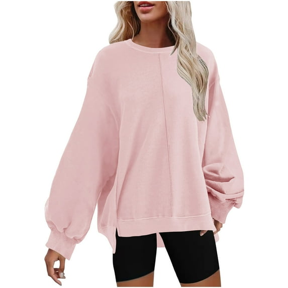 Besolor Women's Oversized Pullover Sweatshirt Casual Round Neck Long Sleeve Side Slit Fall Winter Tops Blouse