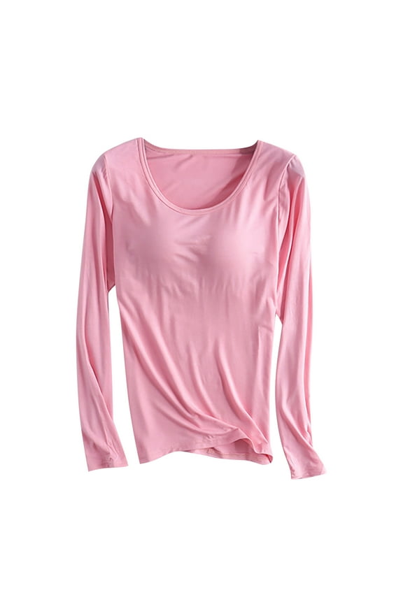 Women's Pajama Tops with Built-In Bra Crewneck Long Sleeve Shirts Casual Comfy Athletic Yoga Layering Tees