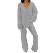BESOLOR Women's Pajamas Sets Warm Winter Plush Cozy V Neck Long Sleeve Tops and Pants 2 Piece Outfits Fuzzy Sleepwear