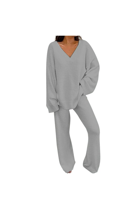 Women's Pajamas Sets Warm Winter Plush Cozy V Neck Long Sleeve Tops and Pants 2 Piece Outfits Fuzzy Sleepwear