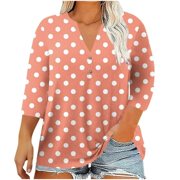 Besolor Women's Plus Size 3/4 Sleeve Tops Polka Dots V Neck Tunic Shirts Casual Loose Going out Dressy Blouses