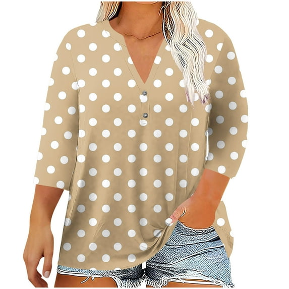 Besolor Women's Plus Size 3/4 Sleeve Tops Polka Dots V Neck Tunic Shirts Casual Loose Going out Dressy Blouses
