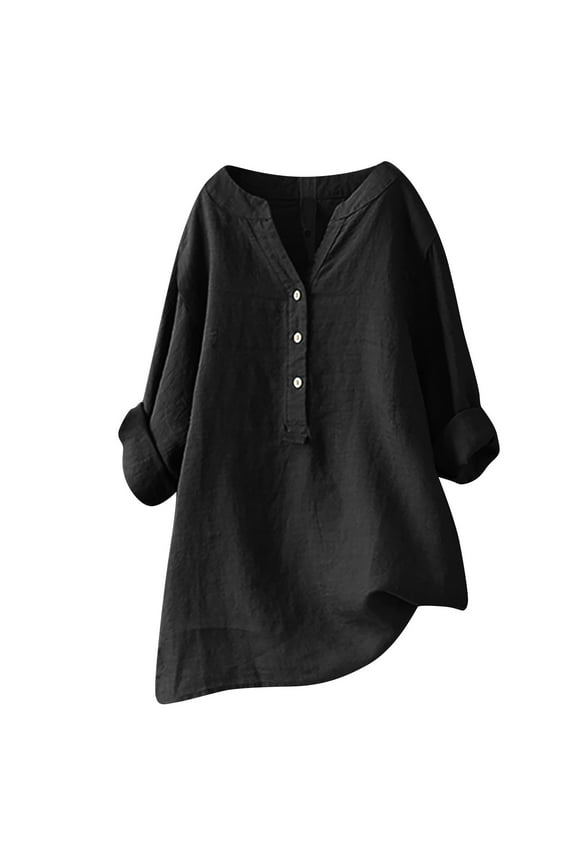 Women's Plus Size Long Sleeve Shirts Casual Button V Neck Cotton Linen Tunic Tops Loose Solid Color Blouse S-5XL