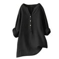 thumbnail image 1 of Besolor Women's Plus Size Long Sleeve Shirts Casual Button V Neck Cotton Linen Tunic Tops Loose Solid Color Blouse S-5xl, 1 of 4