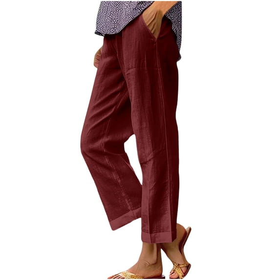 Besolor Women's Plus Size Pants Cotton Linen Casual Straight Leg High Elastic Waisted Lightweight Trousers with Pockets(X-Large,Wine)