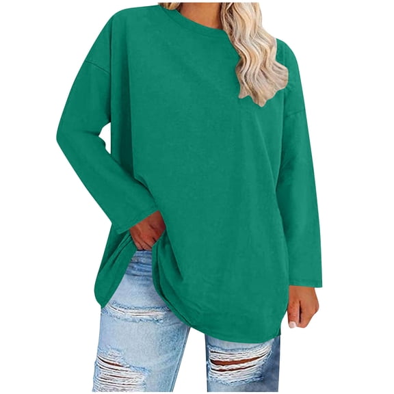 Besolor Women's Plus Size Shirts Casual Loose Crewneck Long Sleeve Tunic Tops Solid Color Basic Tee XL-5XL